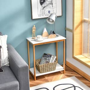 21 in. White Height 2-tier Side End Table with Bamboo Frame Modern Compact Nightstand