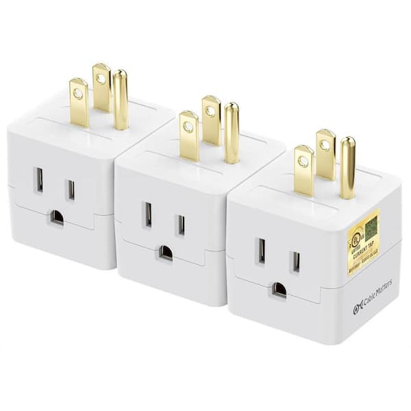 Etokfoks Multi-Plug 15 Amp Power Cube Tap 3-Outlet Splitter Adapter, White (3-Pack)