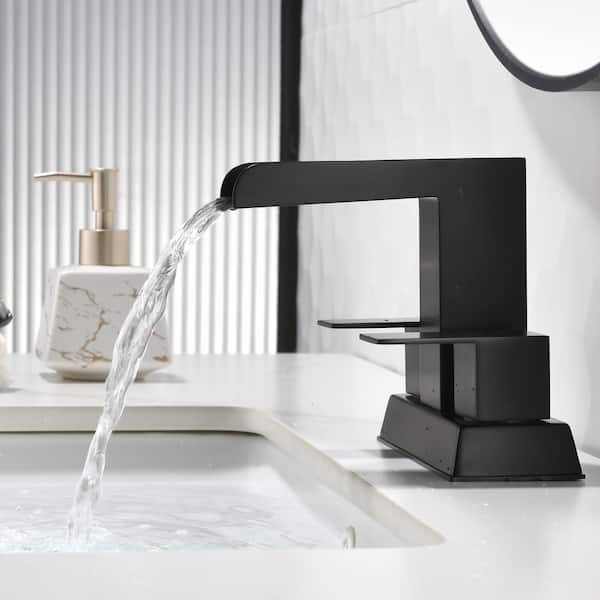 4 in. Centerset Double Handle Bathroom Faucet with Drain Kit Included, Waterfall Bathroom Faucet in Matte Black