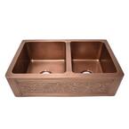 Versailles Farmhouse 33 in. 55/45 Double Bowl Kitchen Sink in Pure Copper with Bottom Grid