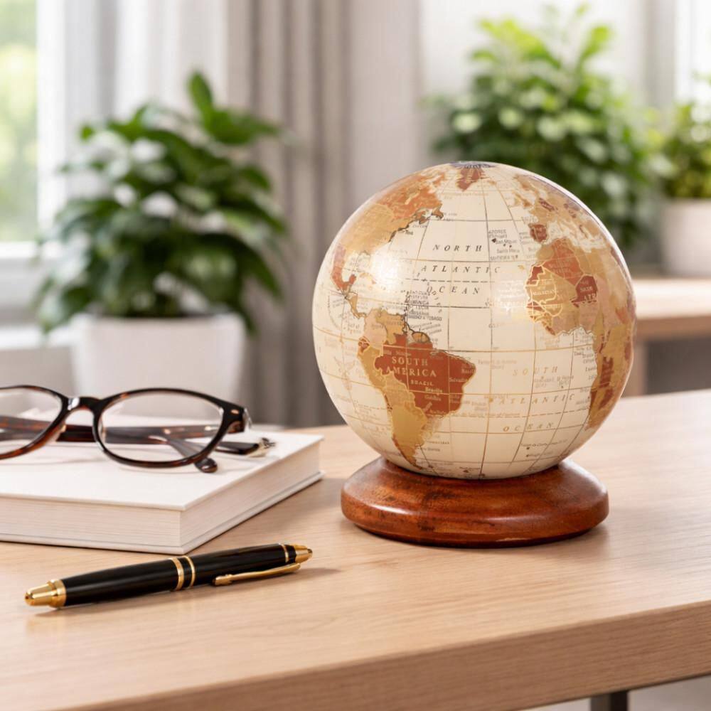 6 in. x 5 in. Brown Plastic Decorative Detailed Globe with Wooden Base