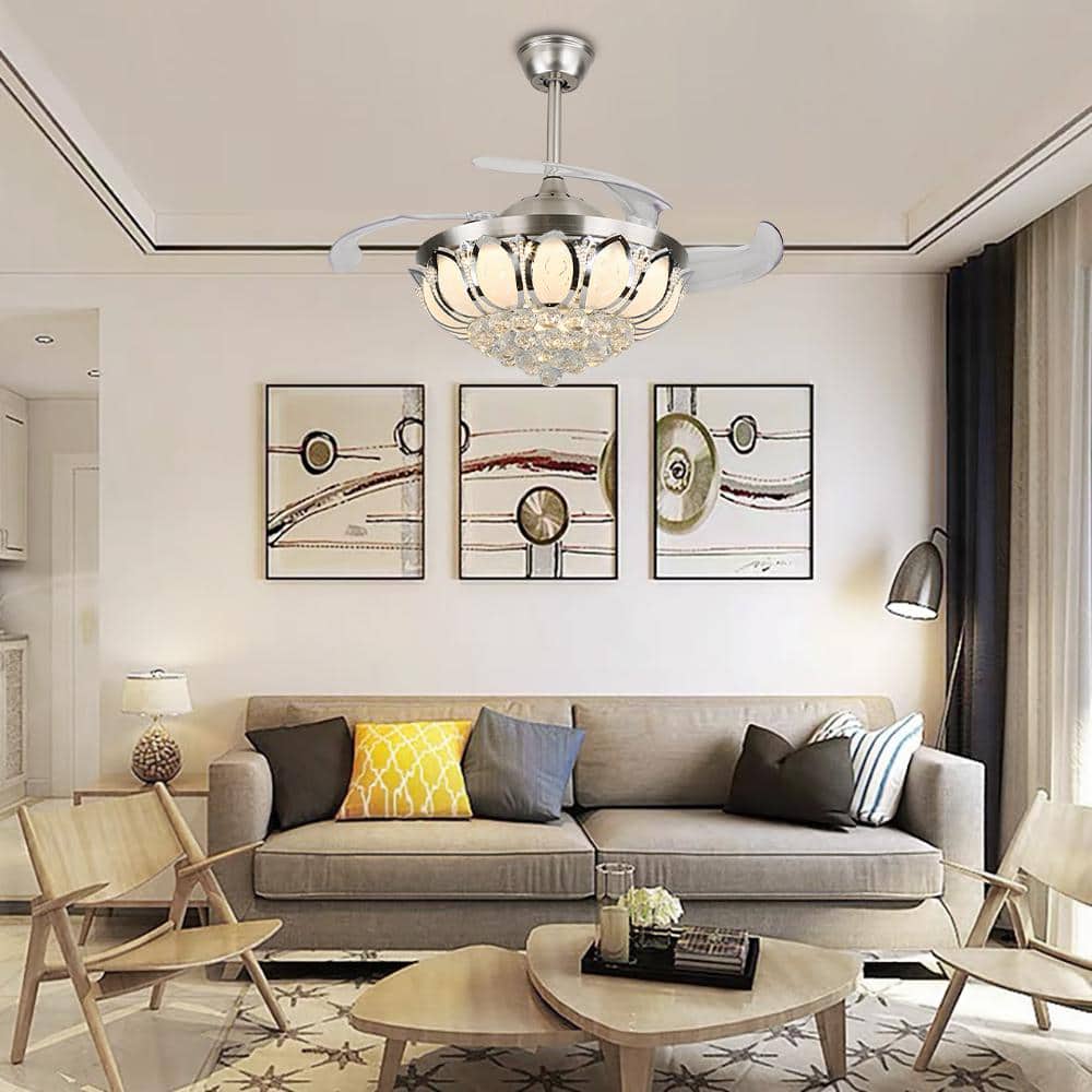 42" Silver Modern LED Crystal Chandelier Ceiling Fan with Remote