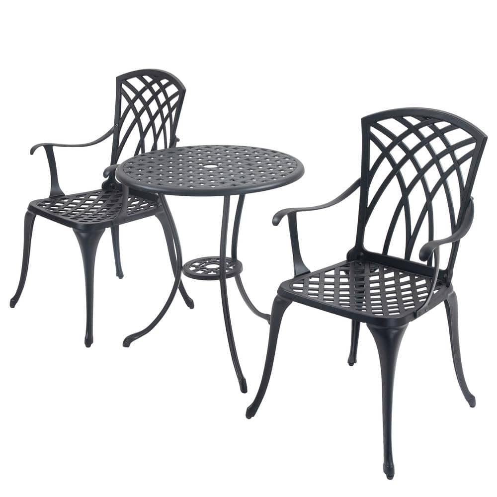 Vintage Lattice Style Black 3-Piece Cast Aluminum Outdoor Bistro Set with U