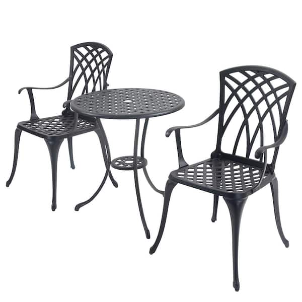 Unbranded Vintage Lattice Style Black 3-Piece Cast Aluminum Outdoor Bistro Set with Umbrella Hole, Weather and Rust Resistant