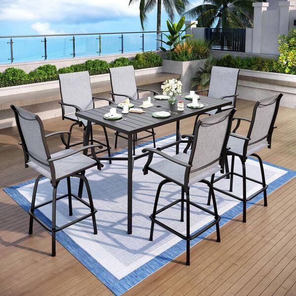 PHI VILLA 7-Piece Metal Patio Outdoor Dining Set With Brown Rectangle Table And Chairs With Beige Cushions Thd7 155416 N A
