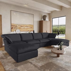 162.61 in. W Flared Arm Linen Modular 6-Piece Down-Filled Free Combination Sectional Sofa with Ottoman in Black