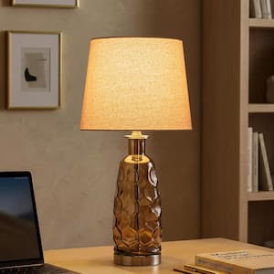 23.5 in. Brown Glass Table Lamp with Textured Base and Linen Shade