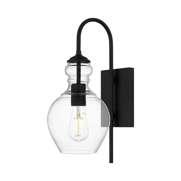 Home Decorators Collection Bakerston 1-Light Matte Black Wall Sconce with Clear Glass Shade