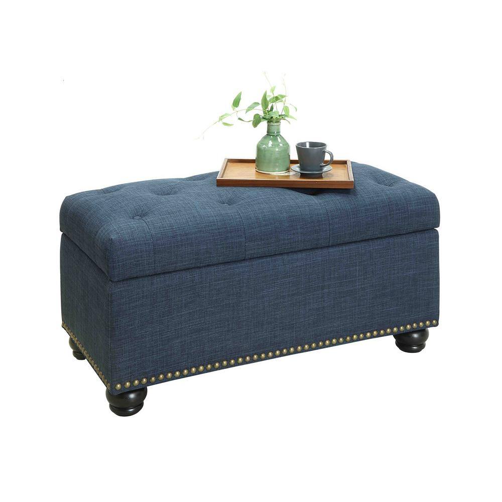 Elegant Blue Velvet Tufted Footstool with Nailhead Trim and Storage