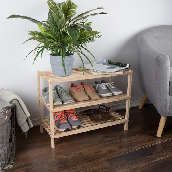 Lavish Home 19 H 9-Pair 3-Tier Brown Wood Shoe Rack W050031 - The