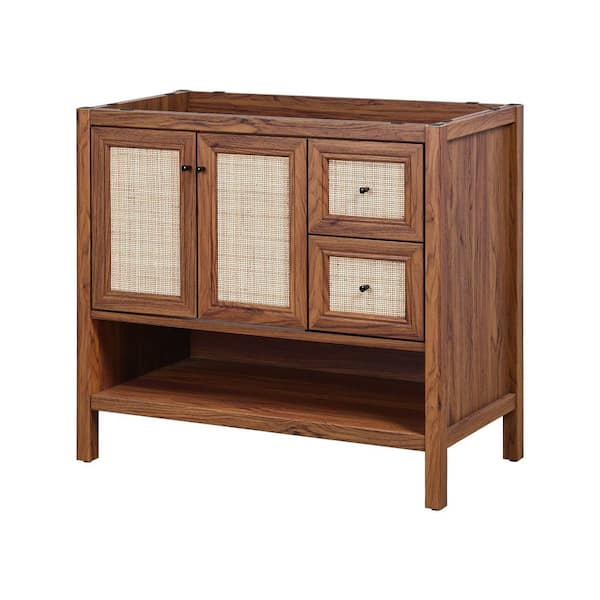 Jasper 36 in. W x 18 in. D x 33 in. H Rattan Modern Coastal 2-Shelf Bath Vanity Cabinet without Top in Walnut
