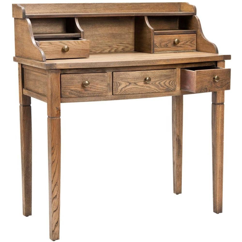 Transitional Oak 5-Drawer Writing Desk with Hutch and Cubbies