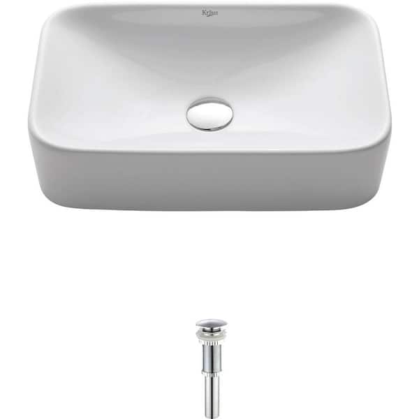 KRAUS Soft Rectangular Ceramic Vessel Bathroom Sink in White with Pop Up Drain in Chrome