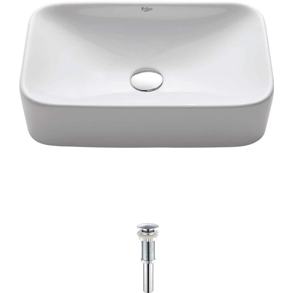 White Ceramic Rectangular Above-Counter Vessel Sink with Chrome Drain
