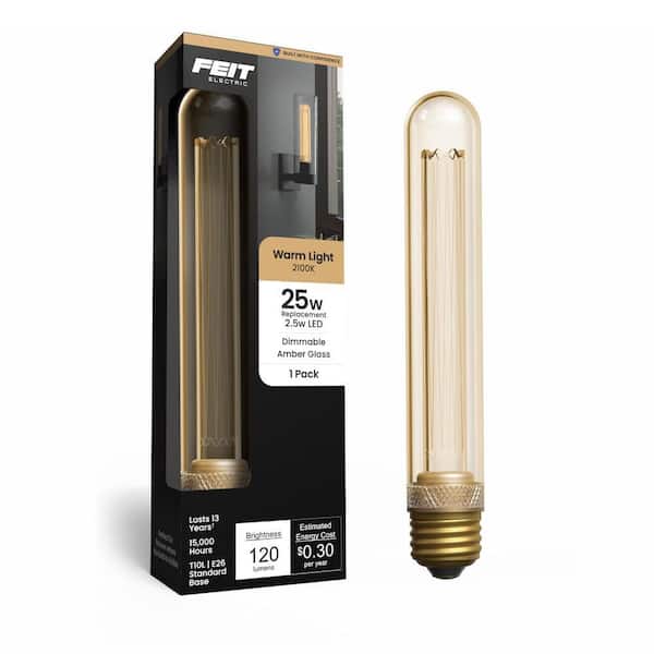 25-Watt Equivalent T10 Dimmable White Filament Amber Acrylic E26 Medium Vintage Tubular LED Light Bulb, Warm White 2100K