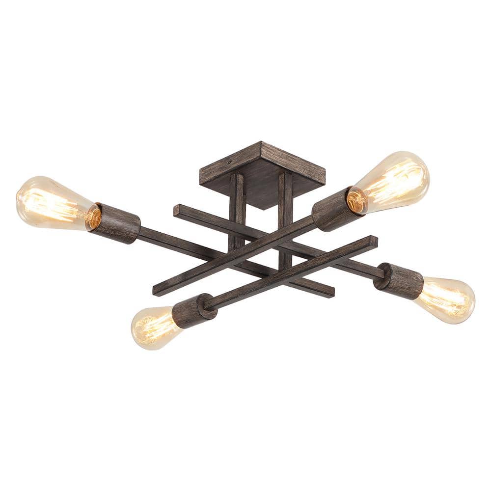 18.11 in. 4-Light Imitation Wood Grain Modern Sputnik Semi- Flush Mount Cei
