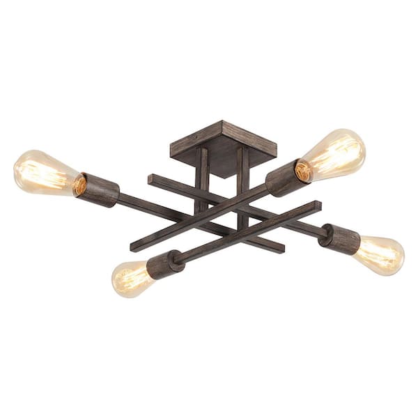 ADSENSTY 18.11 in. 4-Light Imitation Wood Grain Modern Sputnik Semi- Flush Mount Ceiling Lights with No Bulbs Included