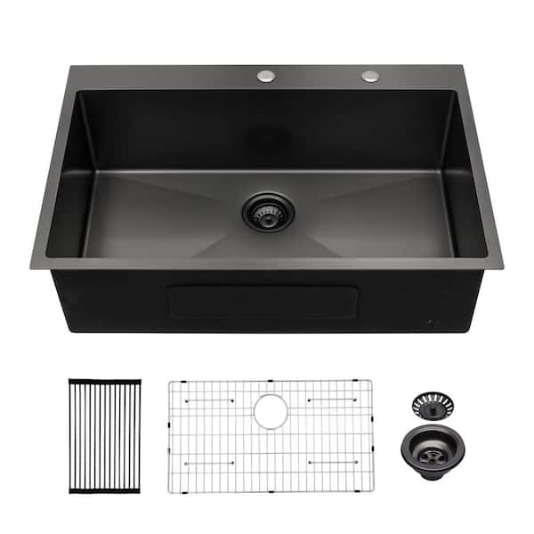 33 in. Drop-In Single Bowl 16-Gauge Gunmetal Black Stainless Steel Kitchen Sink with Bottom Grids