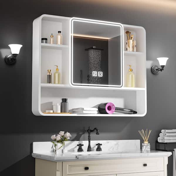 FAMYYT 35 in. W x 28 in. H Rectangular Aluminum Defogging LED Light Medicine Cabinet with Mirror and Hair Dryer Holder