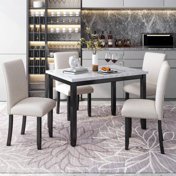 Destroy Manchuria Spread GOJANE 5-Piece Rectangle White/Beige+Black Faux Marble Top Dining Set Table  with 4-Thicken Cushion Dining Chairs ST000040LWYAAA - The Home Depot