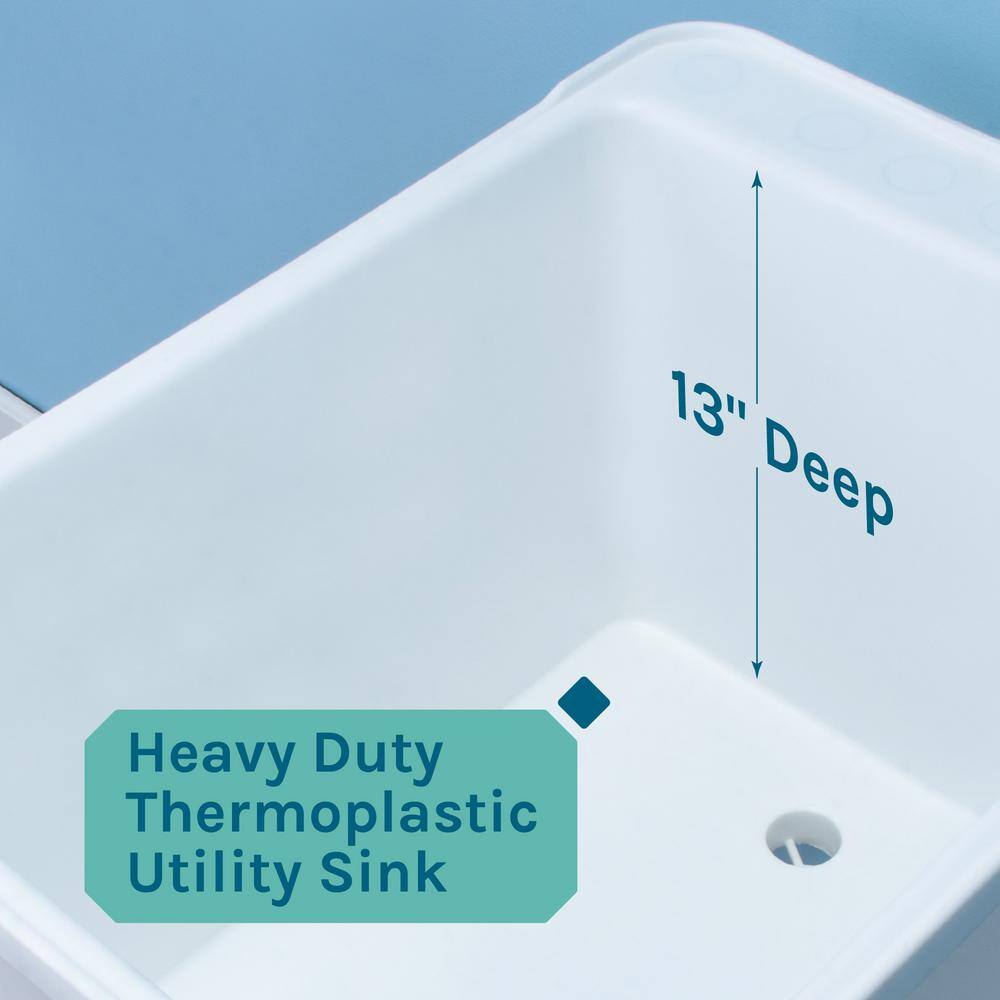 White Freestanding Utility Sink with Chrome Faucet and Sprayer