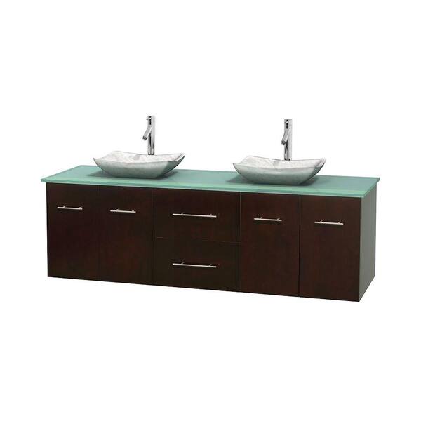 Wyndham Collection Centra 72 in. Double Vanity in Espresso with Glass Vanity Top in Green and Carrara Sinks