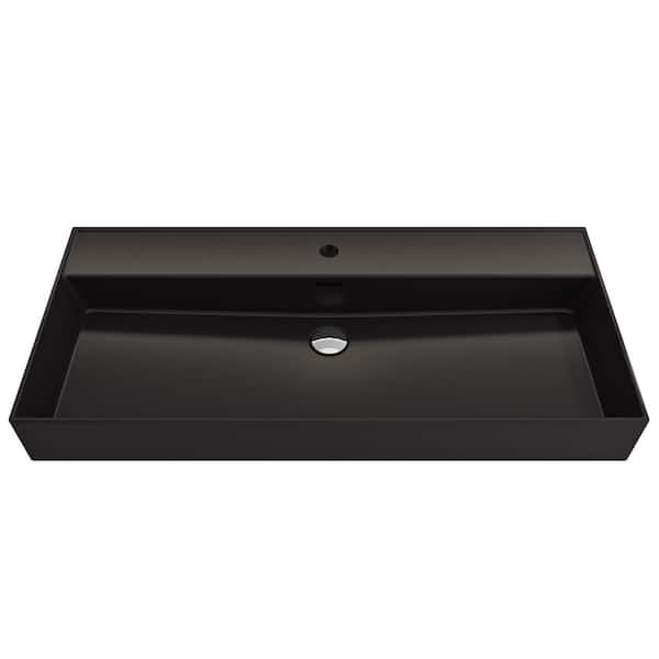 BOCCHI Milano 39.75 in. 1-Hole Matte Black Fireclay Rectangular Wall-Mounted Bathroom Sink with Overflow