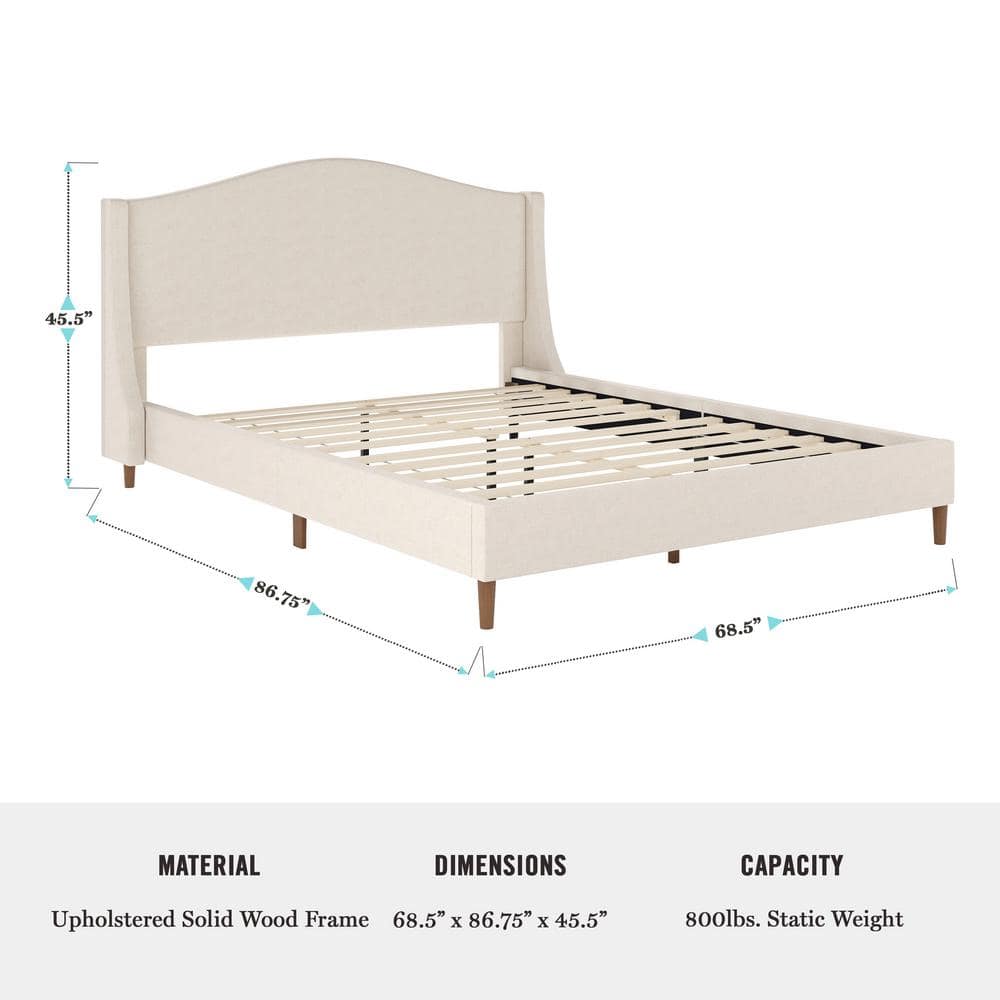 Amelia Queen Beige Linen Upholstered Platform Bed with Walnut Legs