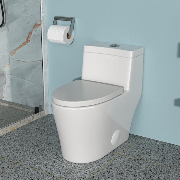 12 in. 1-Piece 1.6/1.1 GPF Dual Flush Elongated Toilet in White with Slow-dDrop Cover and Top Press