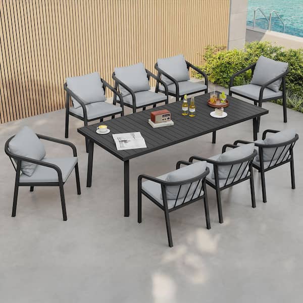 Black 9-Piece Aluminum Outdoor Dining Set with Gray Cushions