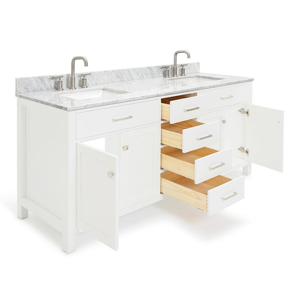 White Marble Top Double Freestanding Vanity with Rectangular Basins