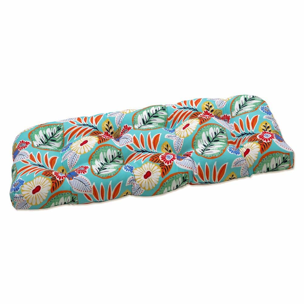 Aqua Blue Floral Tufted Loveseat Cushion with Polyester Fill