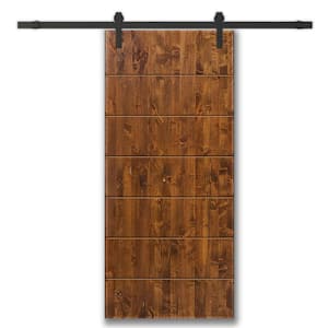 36 in. x 96 in. Walnut Stained Pine Wood Modern Interior Sliding Barn Door with Hardware Kit