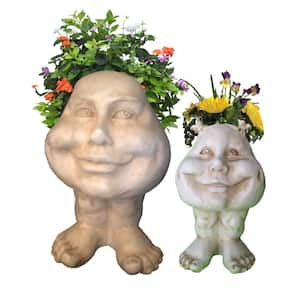 Antique White Daisy and Sister Suzy Q the Muggly Face Statue Planter Pot