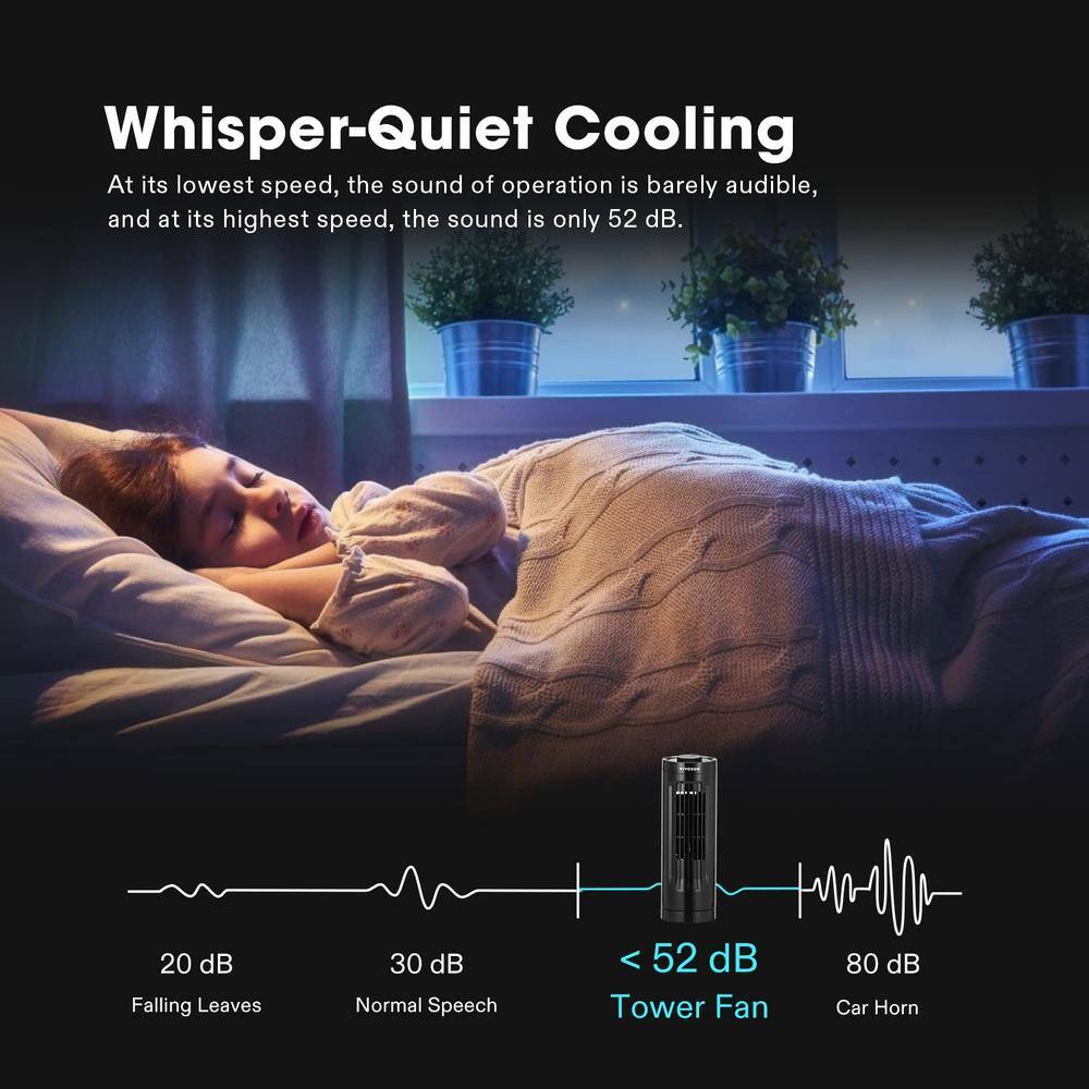 Compact Black Bladeless Oscillating Tower Fan with Three Speed Settings