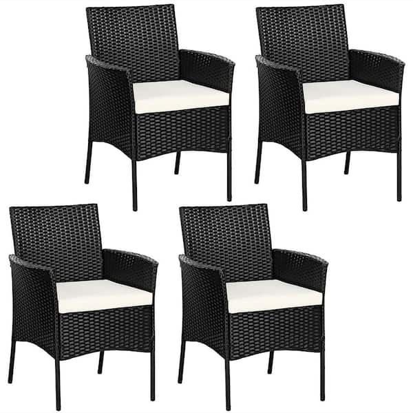 Gymax Cushioned Wicker Outdoor Arm Patio Dining Chair Sofa Furniture with White Cushion (4-Pack)