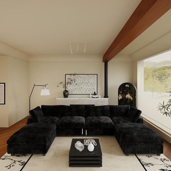 157.48 in. W Oversized Square Arm 6-piece Rabbit Fur Fabric Modular Free Combination Sofa With Ottoman in Black