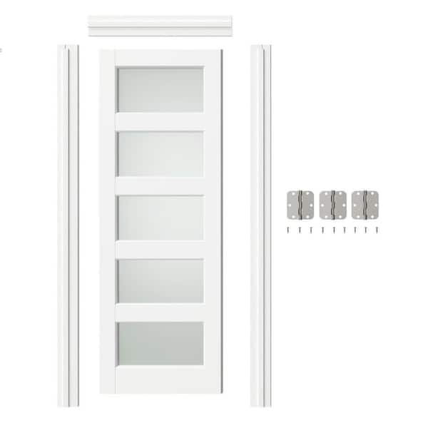 TENONER 28 in. x 80 in. 5 Lite, Frosted Glass, White Primed, Composite Prehung Interior Door Left-Handed with Jamb and Hardware