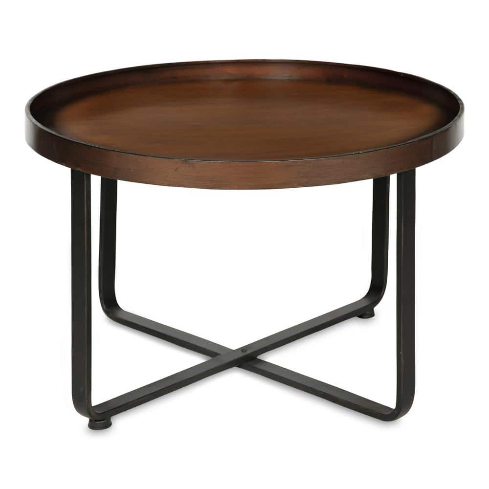 Bronze and Black Round Metal Coffee Table with Criss-Cross Base