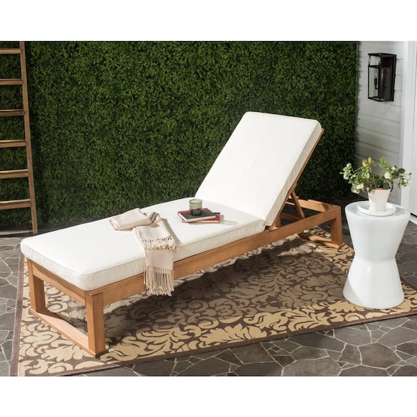 Solano Natural Brown 1-Piece Wood Outdoor Chaise Lounge Chair with Beige Cushion