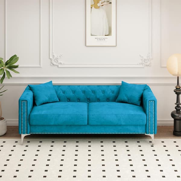 83 in. Wide Square Arm Velvet Modern Rectangle Sofa in Blue