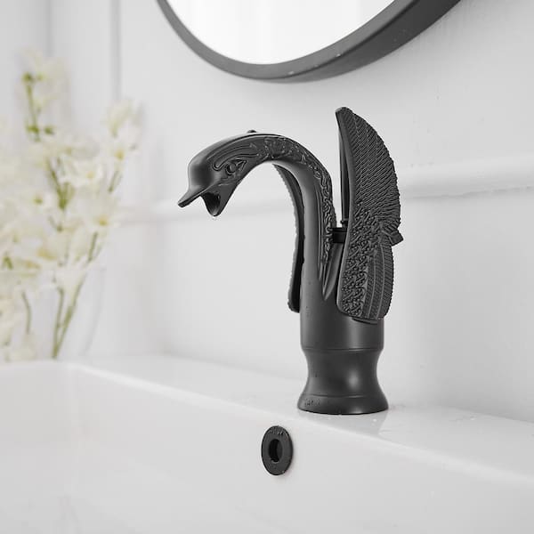 1 Lever Handle Swan Arc Bathroom top Sink Swivel Faucet + Pop Up Drain - Matte Black