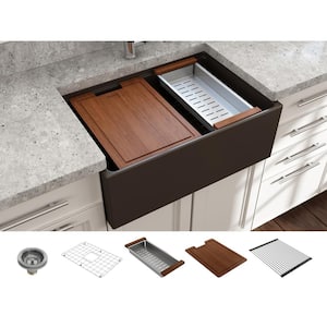 Contempo Workstation 27 in. Farmhouse Apron-Front Single Bowl Matte Brown Fireclay Kitchen Sink with Accessories