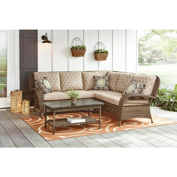Hampton Bay Beacon Park 3-Piece Brown Wicker Outdoor Patio Sectional Sofa with CushionGuard Toffee Trellis Tan Cushions