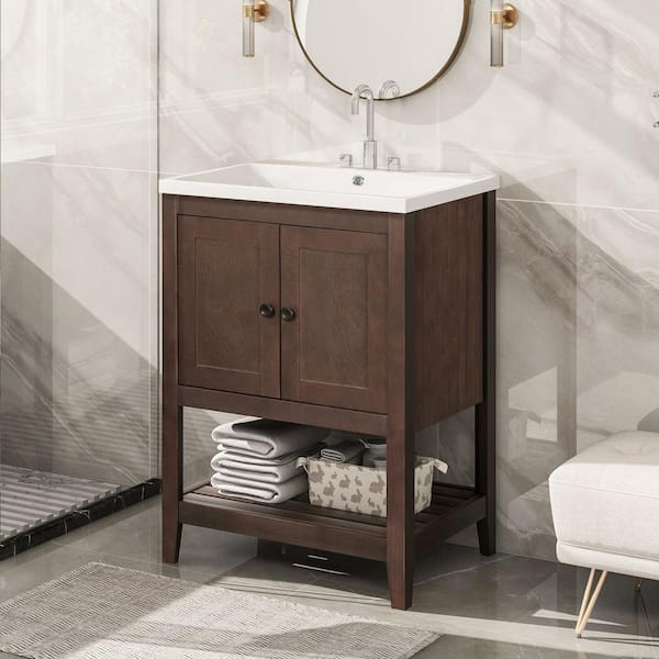 EPOWP 23.7 in. W x 17.8 in. D x 33.6 in. H Freestanding Bath Vanity in Brown with White Ceramic Top and Single Sink