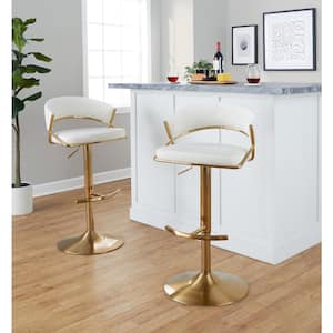 Jie 32.5 in. Cream Velvet and Gold Metal Adjustable Bar Stool with Rounded T Footrest (Set of 2)