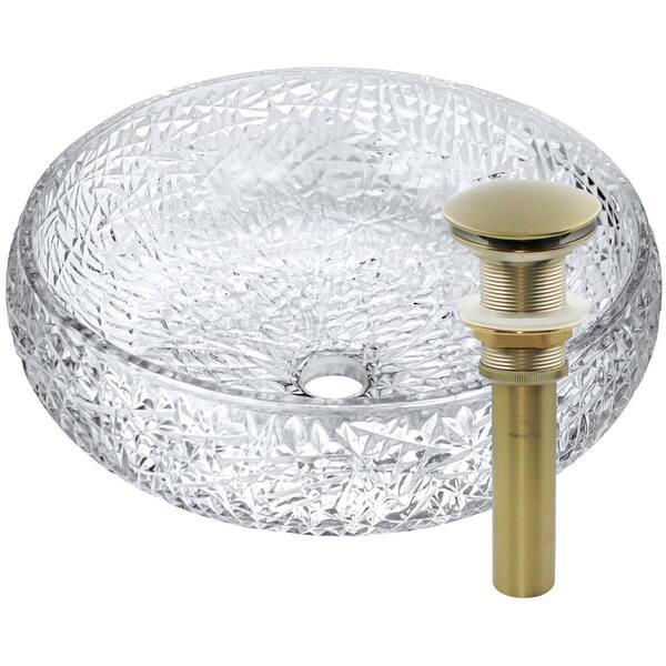 Novatto Diamante 16.5 in. Vessel Bathroom Sink Diamond in Clear Crystal Glass with Drain in Satin Brass