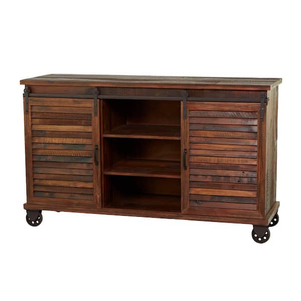 Litton Lane Brown 6 Shelves and 2 Doors Buffet with Wheels 54 in. x 33 in.