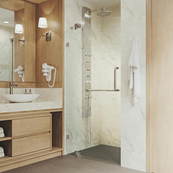 VIGO Pirouette 36 to 42 in. W x 72 in. H Pivot Frameless Shower Door in Chrome with 3/8 in. (10mm) Clear Glass