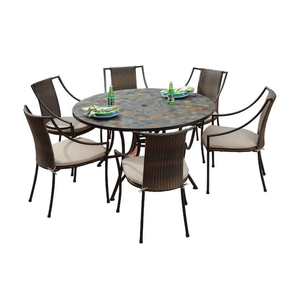 HOMESTYLES Stone Harbor 7-Piece Round Patio Dining Set with Taupe Cushions